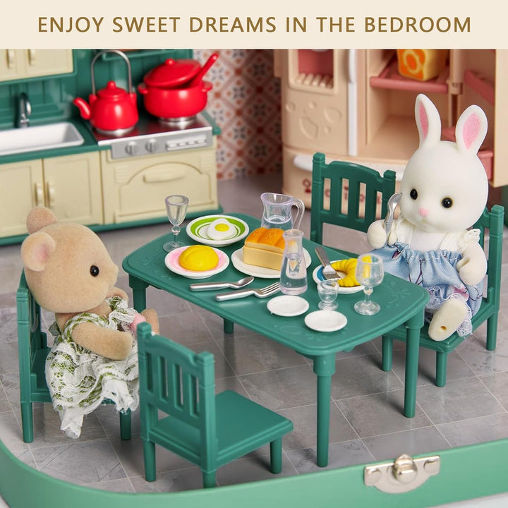 Koffer Dollhouse Tragbares Puppenhaus Möbel Zubehör DIY Miniatur Haus mit 2 Flexible Puppen, Klavier