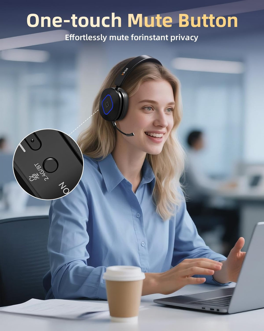 Wantek Kabelloses Bluetooth-Headset mit Mikrofon mit Geräuschunterdrückung, kompatibel mit Windows,
