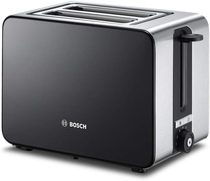 Bosch TAT7203 Kompakt-Toaster, Auftau/Aufknusperfunktion, 1050 W, Edelstahl/schwarz & belloser Wasse
