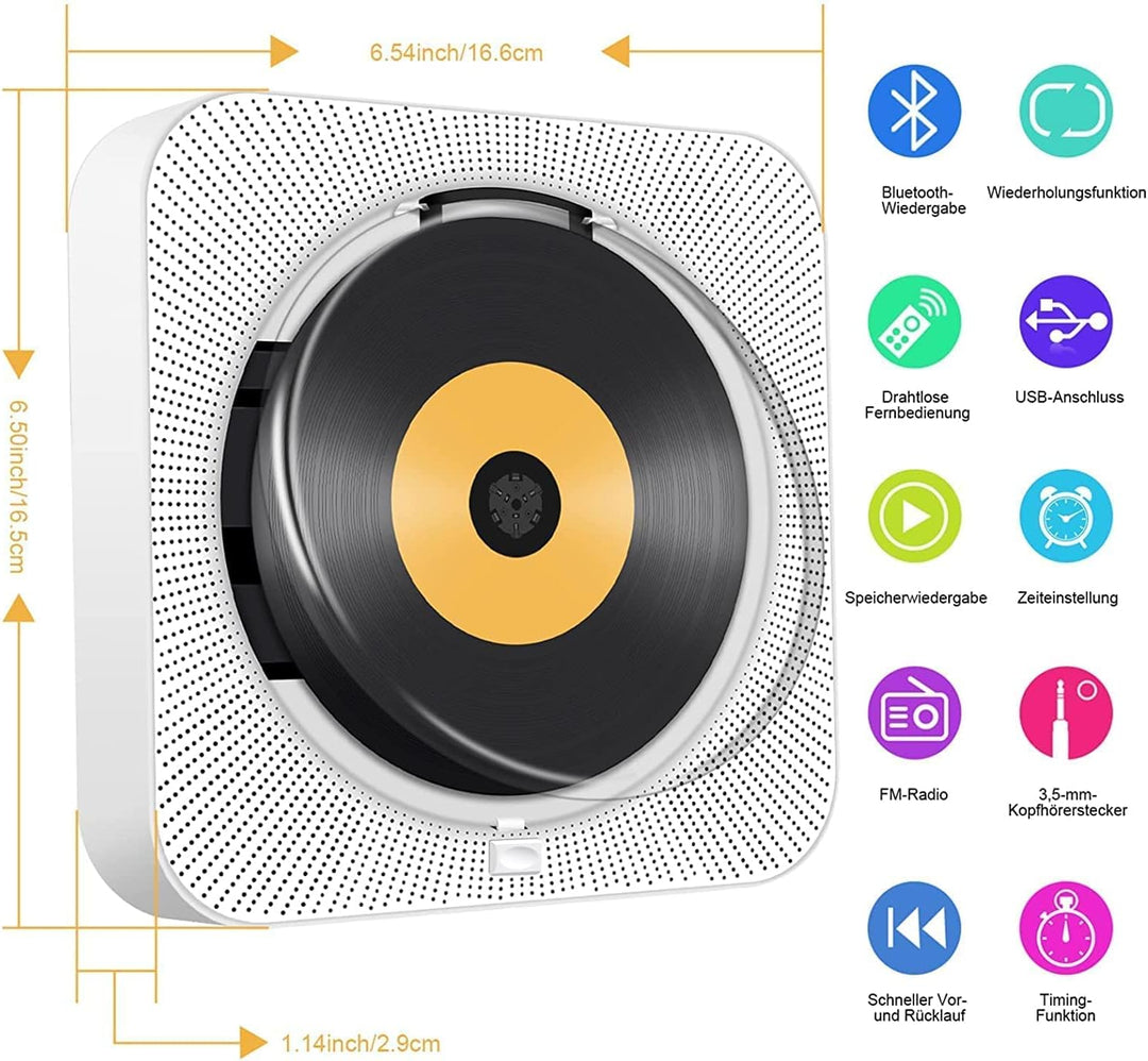 Tragbarer CD Player mit Bluetooth USB - Wand Montierbaren HiFi Lautsprechern mit Fernbedienung Multi