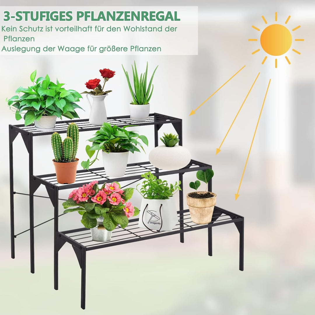 GOPLUS 3 Ebenen Metall Pflanzenständer, Blumentreppe Outdoor, Blumenregal Pflanzentreppe für Garten