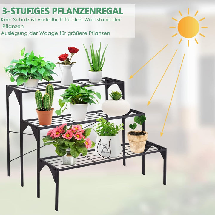 GOPLUS 3 Ebenen Metall Pflanzenständer, Blumentreppe Outdoor, Blumenregal Pflanzentreppe für Garten