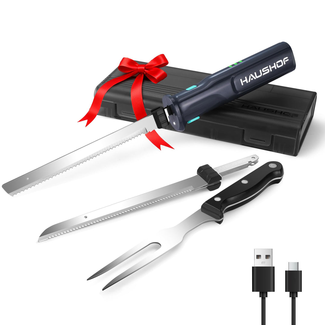HAUSHOF Elektromesser, Kabelloses Küchenmesser mit 2 Edelstahlklingen, Elektrisches Messer mit Gabel