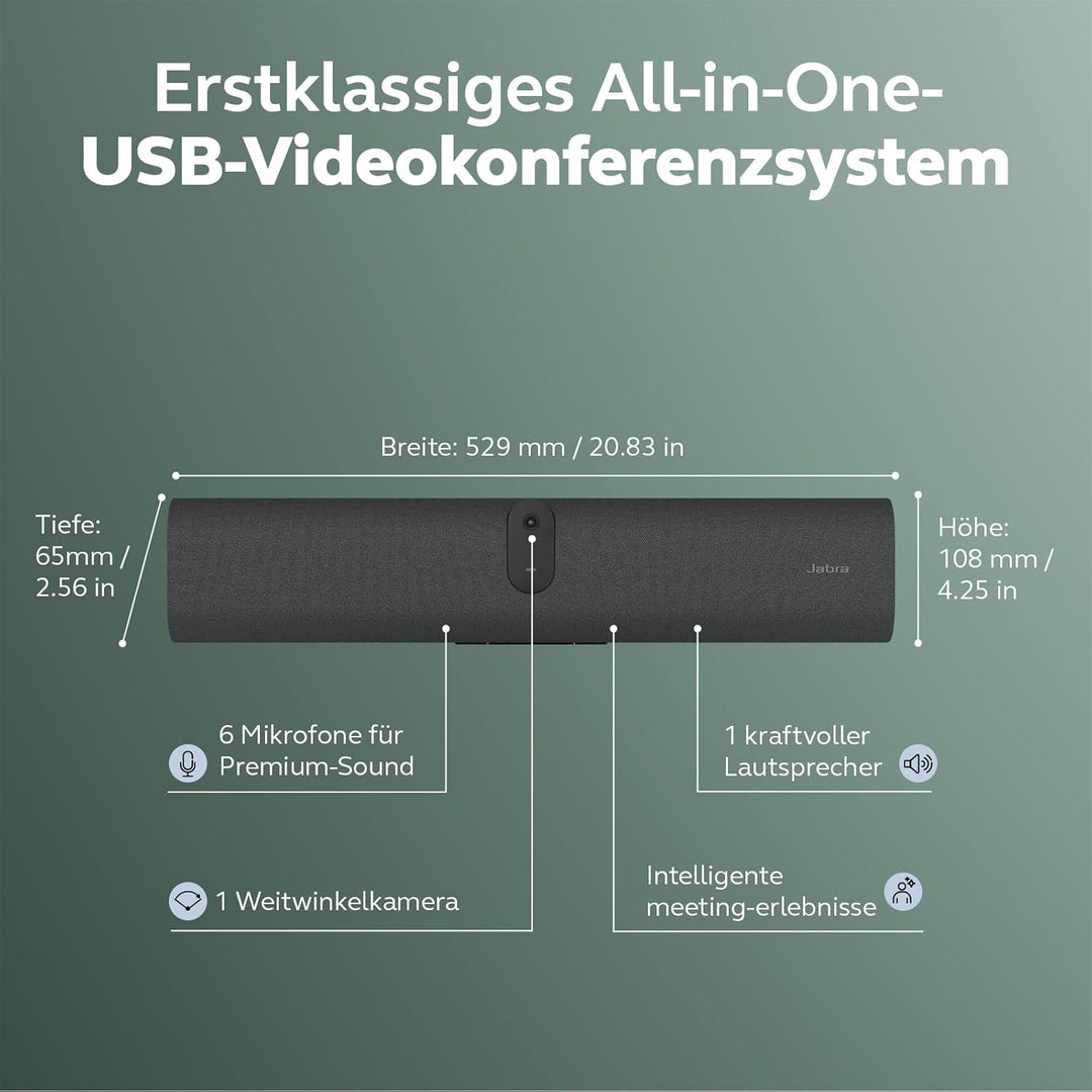 Jabra PanaCast U30 All-in-One USB Videobar, 120° Weitwinkel-Kamera, 6-Mikrofone, 1-Lautsprecher, KI-