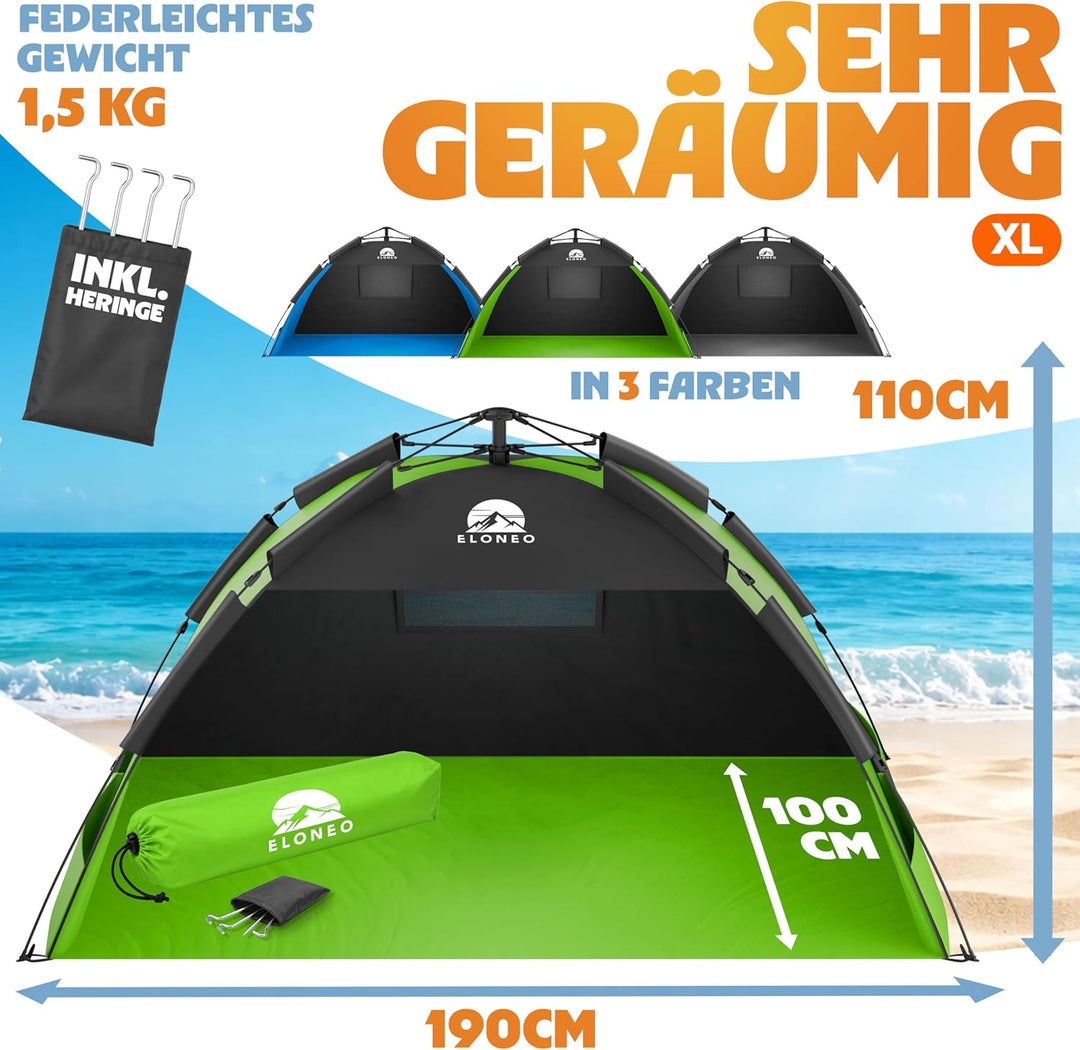 ELONEO Pop Up Strandmuschel UV Schutz 80+ | Strandzelt 190x100x110 cm | Leichter Aufbau und kleines