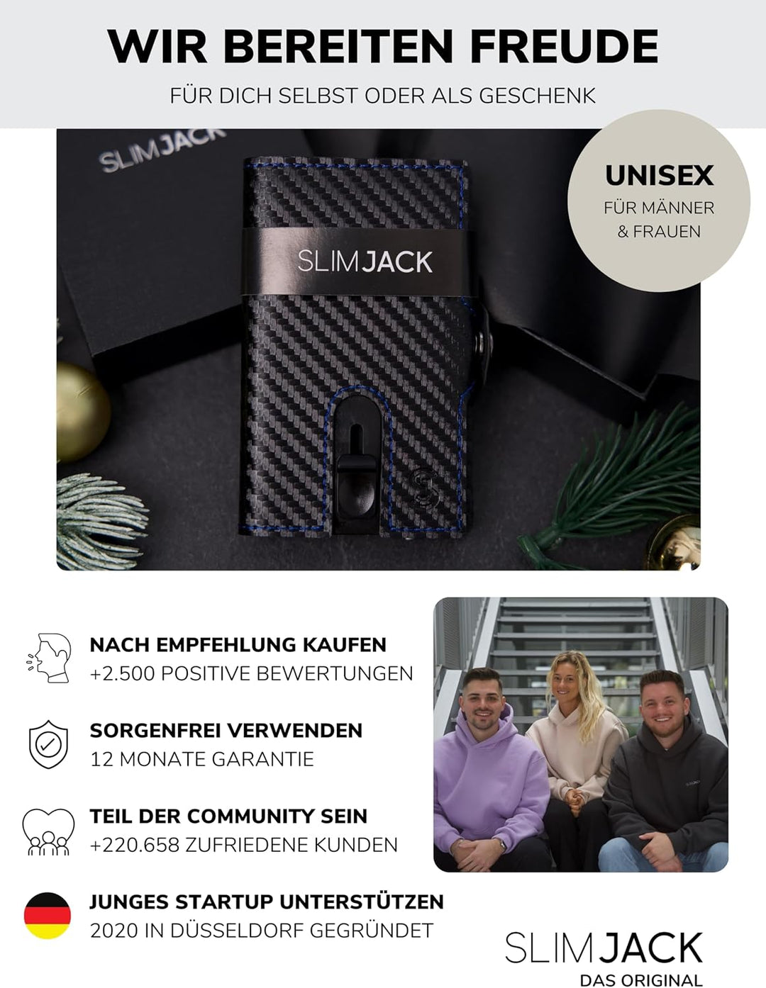 SLIMJACK Smart Wallet mit Münzfach - Kreditkartenetui mit RFID-Schutz - Geldbeutel für Herren - Alum