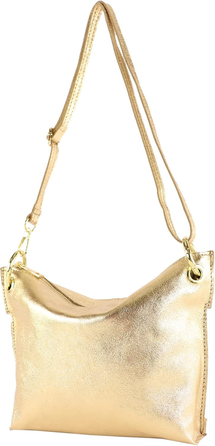 modamoda de - T243 - ital. Umhängetasche Klein Small aus Leder Gold-metallic, Gold-metallic