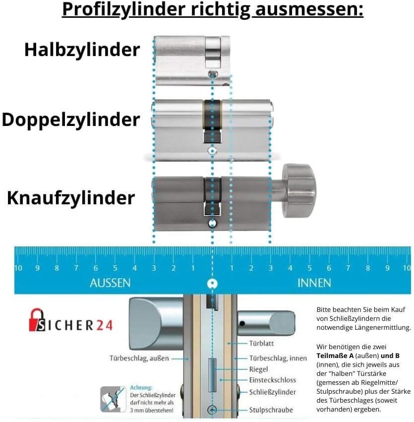 FELGNER Kurz-Zylinder Euro Plus Schliesszylinder Profilzylinder Türschloss für schmale Türen Metallt