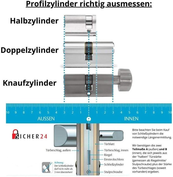 FELGNER Kurz-Zylinder Euro Plus Schliesszylinder Profilzylinder Türschloss für schmale Türen Metallt
