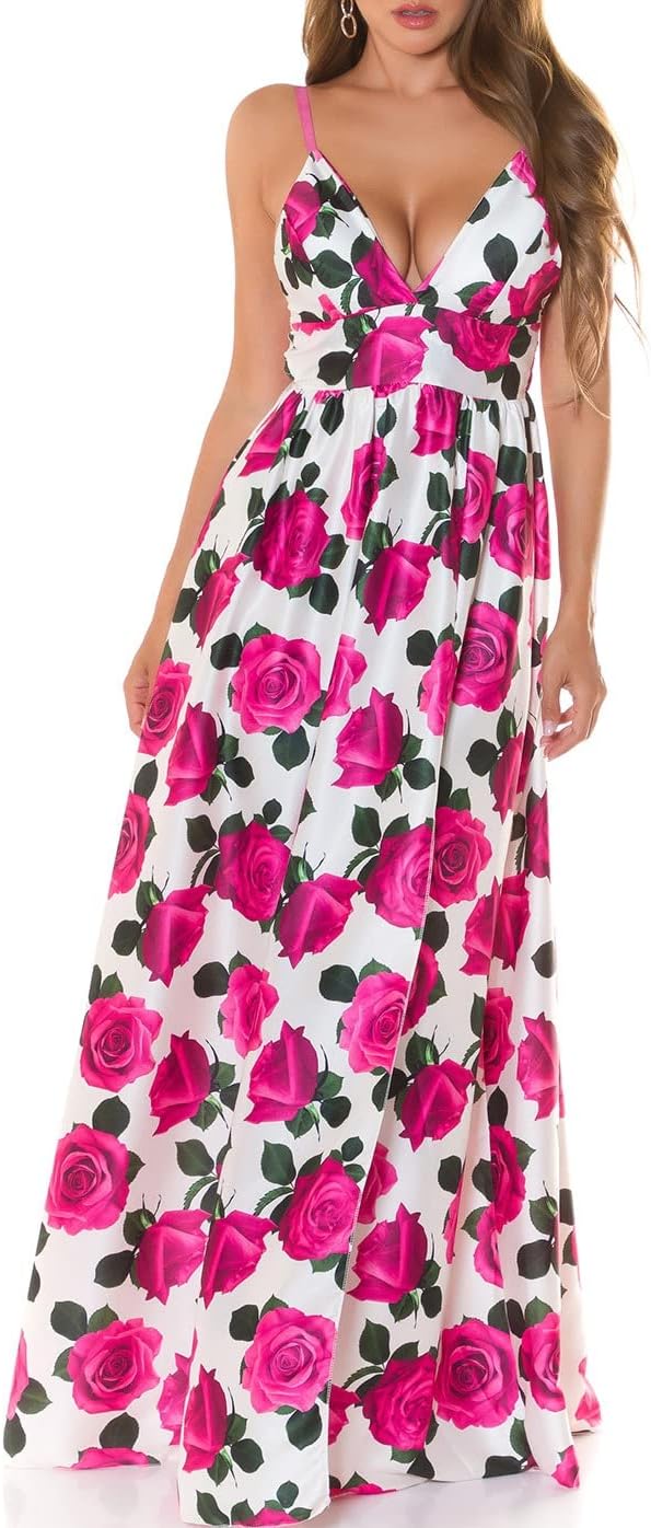 Summer V-Neck Träger Maxi Kleid mit Flower Print und XL-Beinschlitz One Size (Einheitsgrösse)