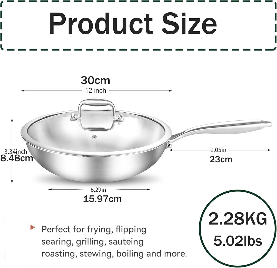 Edelstahl Wokpfannen: Unbeschichtet Pfanne 30 cm mit Deckel,752°F(400℃) Backofensicher,Induktion, Ga