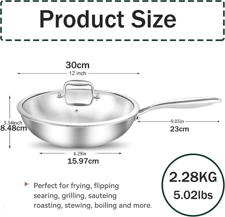 Edelstahl Wokpfannen: Unbeschichtet Pfanne 30 cm mit Deckel,752°F(400℃) Backofensicher,Induktion, Ga