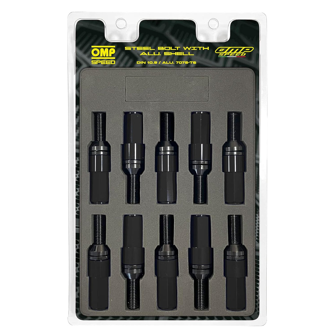 Omp SPEED Set 20 Radschrauben schwarz mit metrischer M14X1.25 Schlüssel 17-19 lang Gewinde 28 mm mit