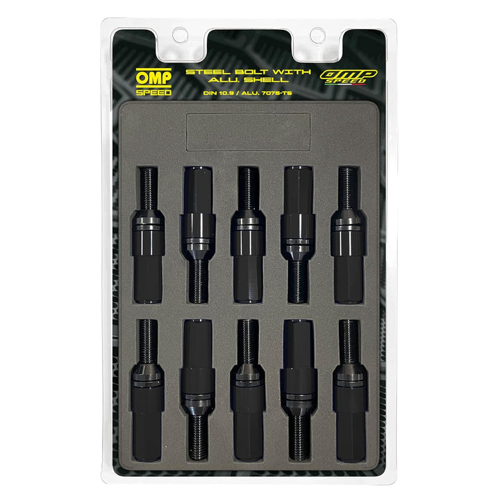 Omp SPEED Set 20 Radschrauben schwarz mit metrischer M14X1.25 Schlüssel 17-19 lang Gewinde 28 mm mit