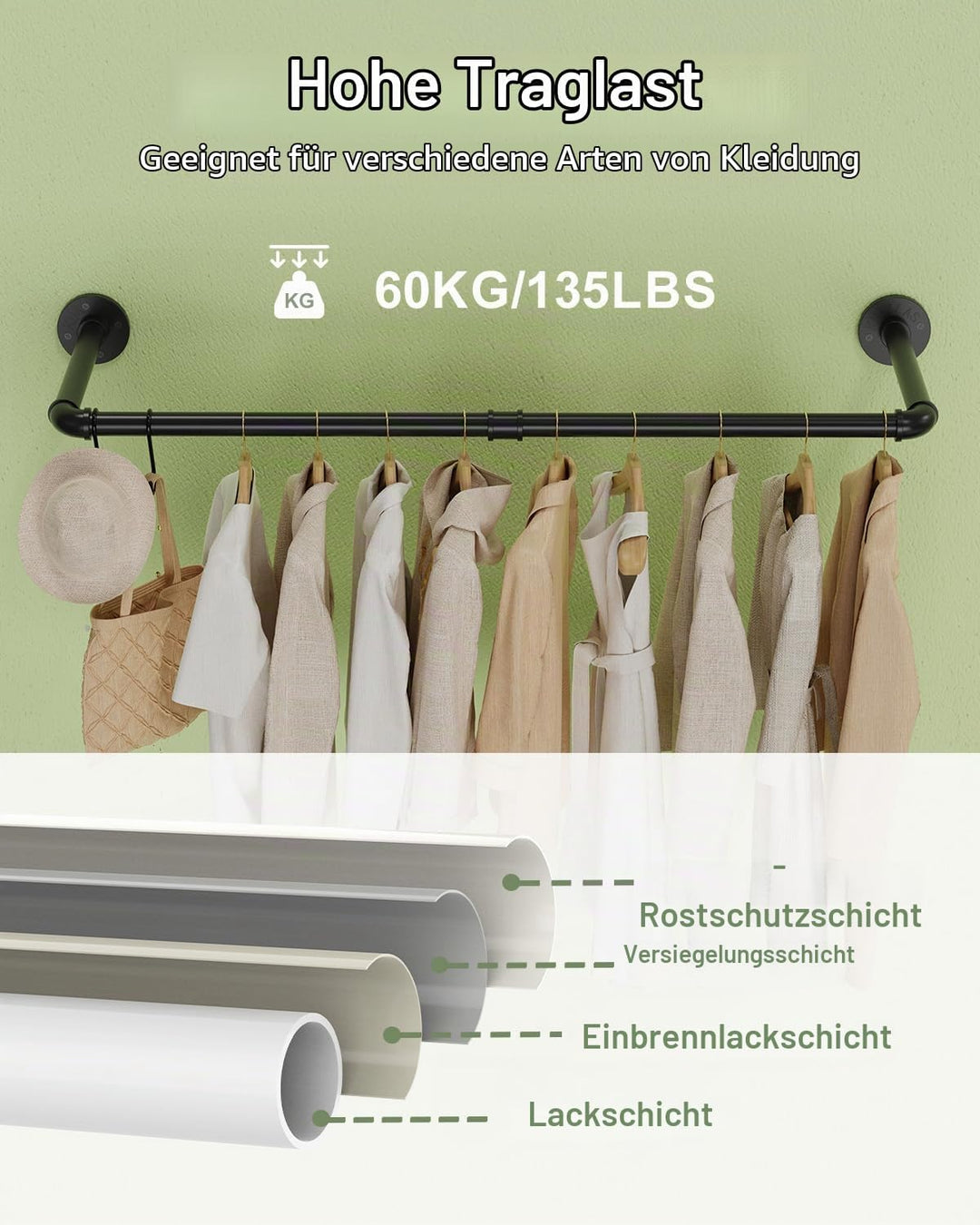 2er Set Kleiderstange Industrial, 97 cm Kleiderständer Wandmontage, Platzsparenders Wandregal Küchen