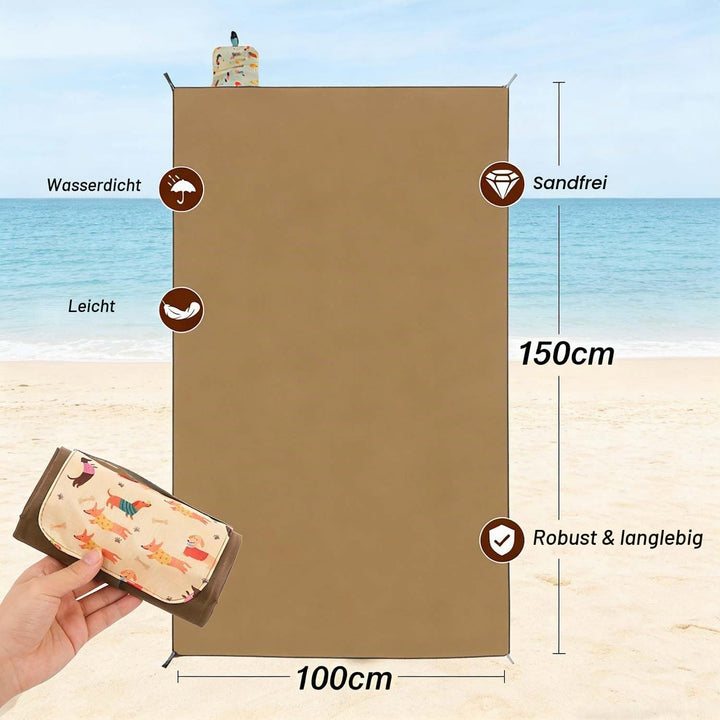 Mini Picknickdecke, wasserdichte Sandfeste, Braun Campingdecke, 150×100CM Stranddecke, Leichtgewicht