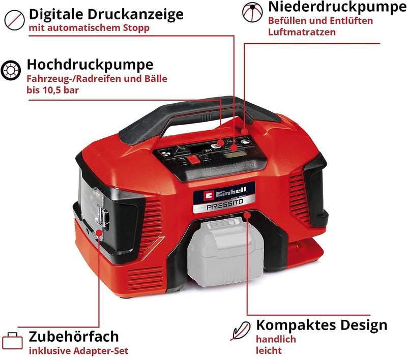 Einhell Akku-Kompressor PRESSITO 18/21 Power X-Change (Li-Ion, 18V, Hoch- u. Niederdruckpumpe, digit