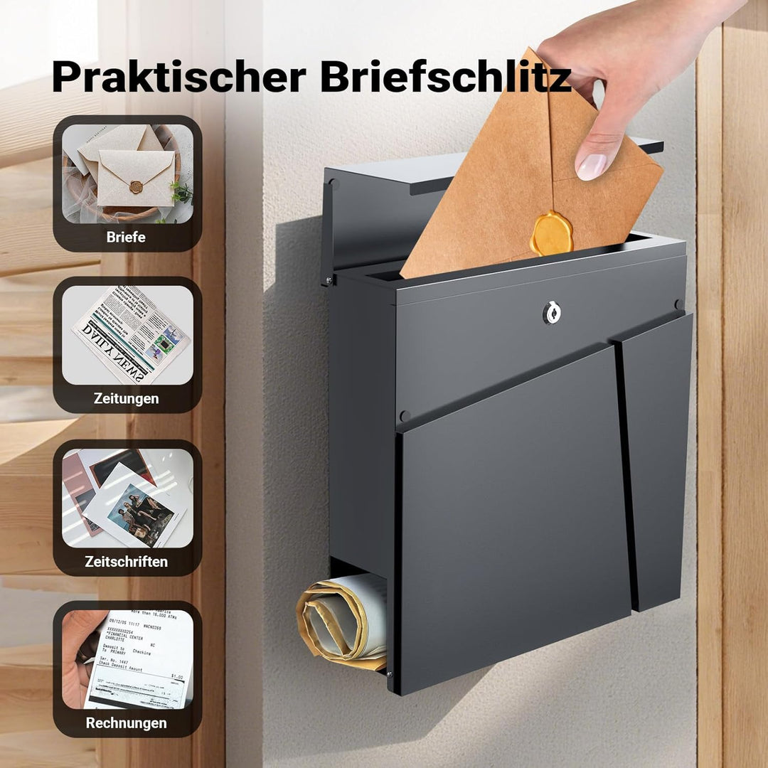Wiltec Designer Briefkasten V23 anthrazit 370 x 105 x 370 mm, Wandbriefkasten mit Schloss und Zeitun