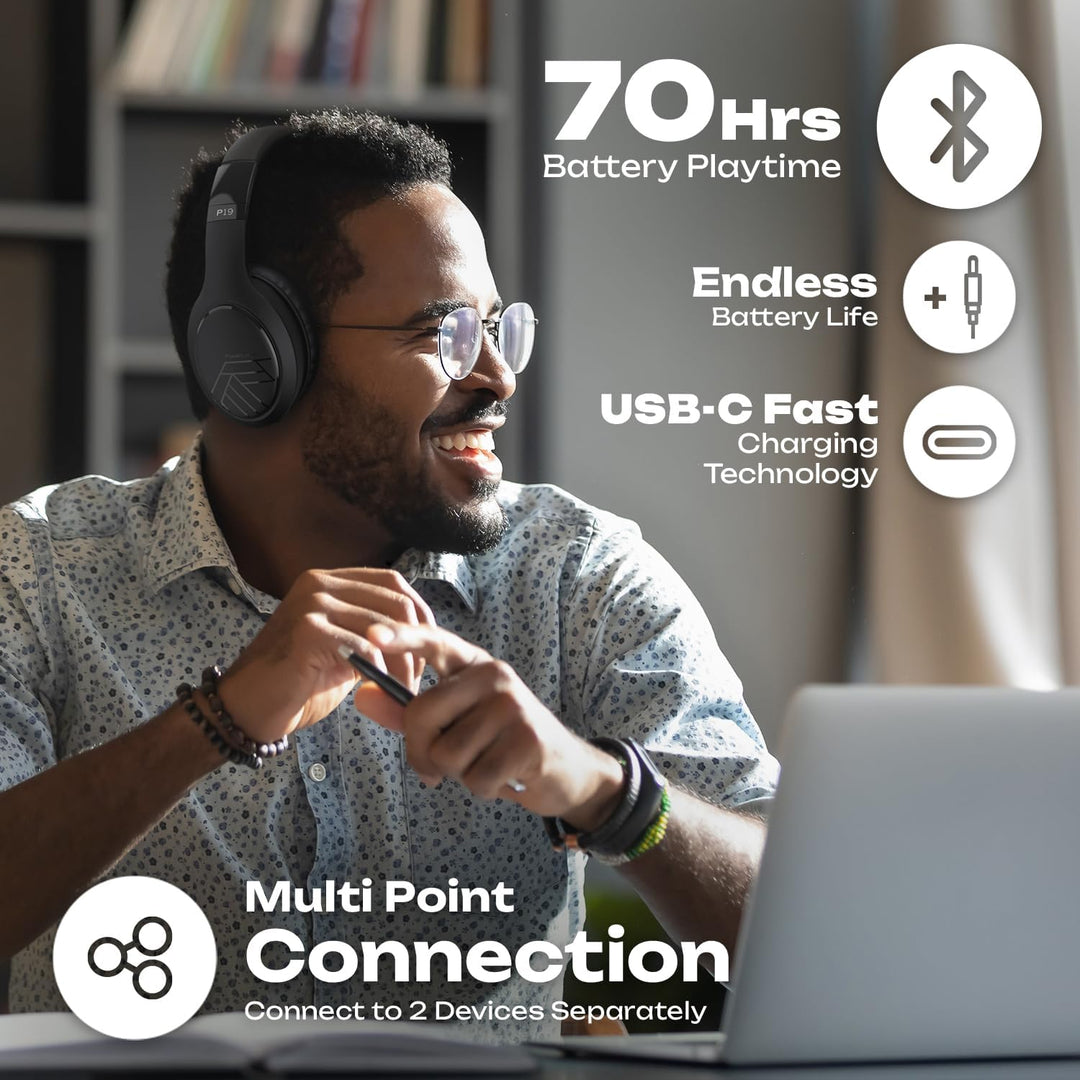 PowerLocus P19 Bluetooth Over Ear Kopfhörer, Kabellose Kopfhörer mit Mikrofon, 70std. Spielzeit, Hi-