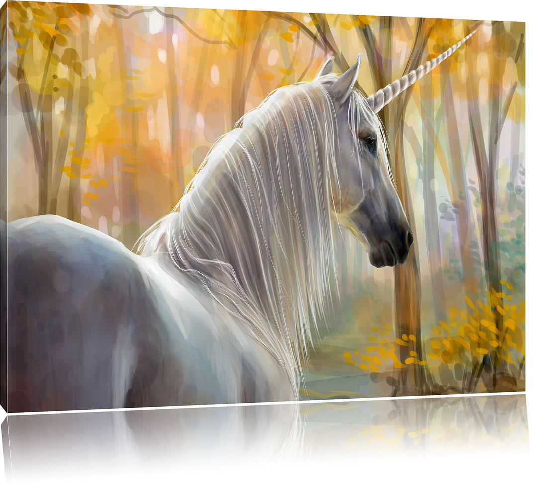 Einsames Einhorn im Wald, Format: 120x80 auf Leinwand, XXL riesige Bilder fertig gerahmt mit Keilrah