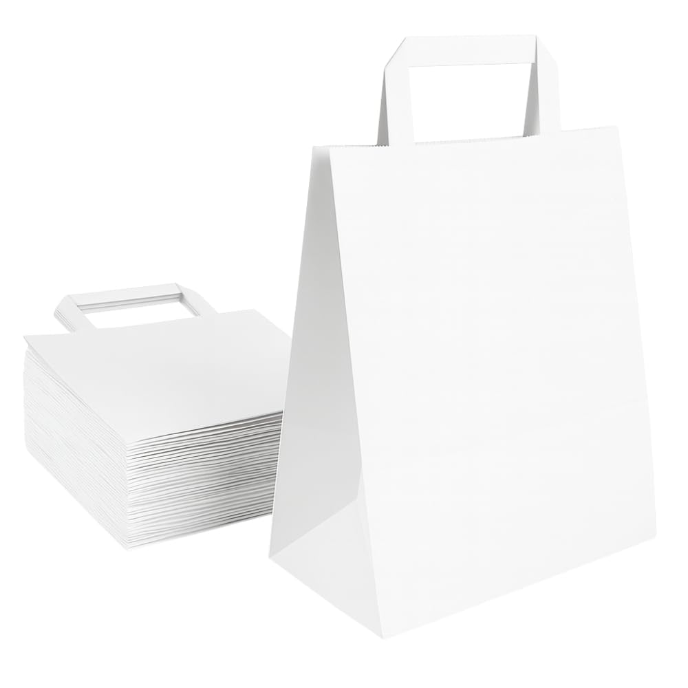 Commerline Papiertragetaschen 26+17x25cm 250 Stück | Weiss Papiertüten | Kraftpapier Tüten mit Henke