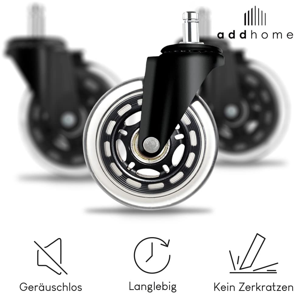 addhome 5er Set Hartbodenrollen | Bürostuhl Rollen 10x22mm | leise Ersatzrollen für Teppich- und Par