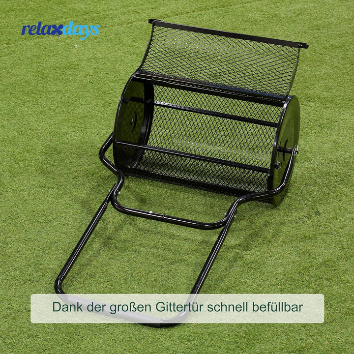 Relaxdays Kompoststreuer für Rasen, Meshkorb 75 L, Gartenstreuer mit Griff, HBT: 118x68x40 cm, Torfm