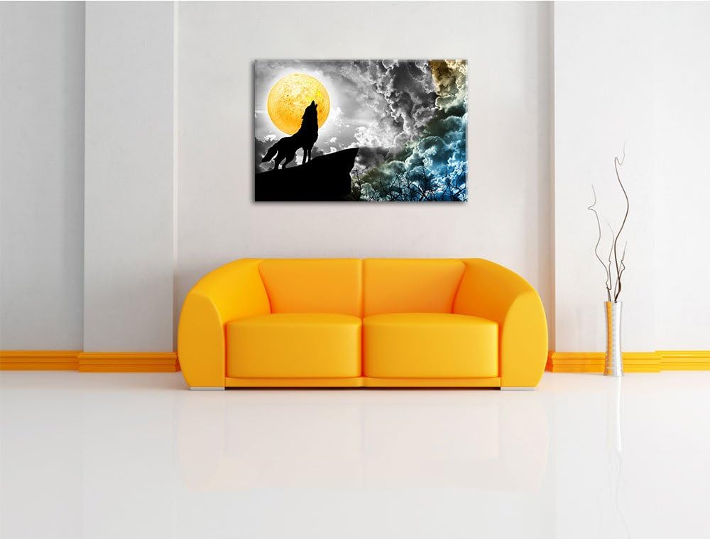 Dark Mystischer Wolf im Vollmond schwarz/weiss Format: 100x70 cm auf Leinwand, XXL riesige Bilder fe