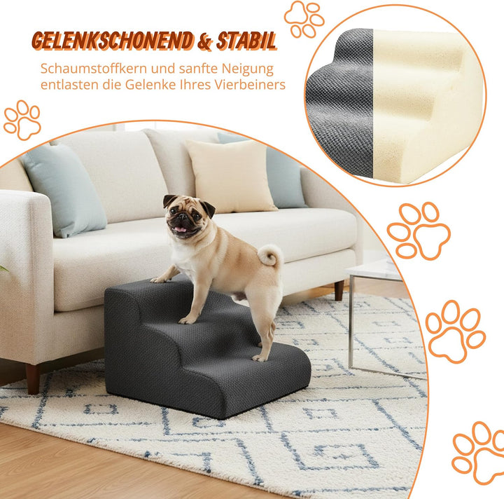 Relaxdays Hundetreppe, 3 Stufen, HxBxT: 35 x 35 x 56 cm, rutschfest, Stoffbezug, Haustiertreppe Bett