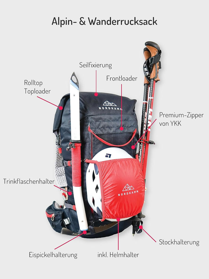 NORDKAMM® Antares Alpine Bergsport Allround Wanderrucksack 30L oder 40L, mit RollTop, Damen und Herr