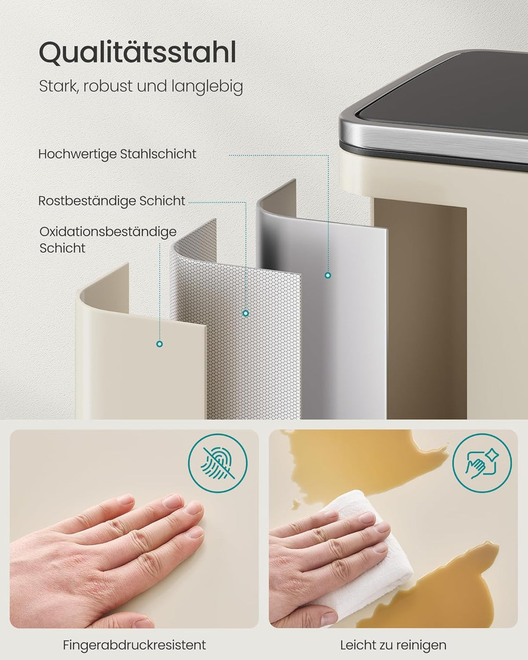 SONGMICS Mülleimer 50 L, 15 Müllsäcke, Stahl, herausnehmbarer Inneneimer aus Kunststoff, mit Deckel,