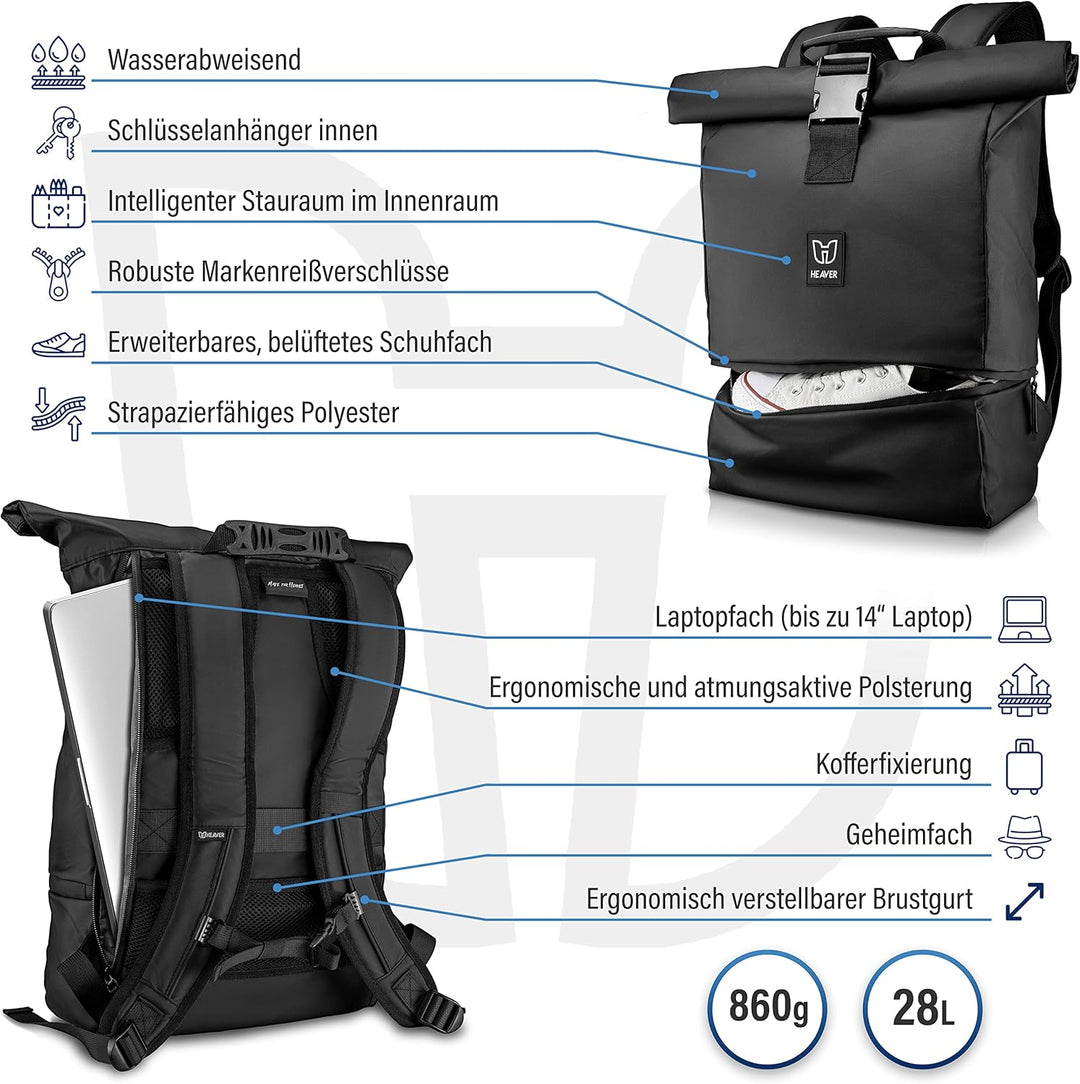 HEAVER® Rucksack Rolltop schwarz mit Schuh- und Laptopfach, für Damen und Herren, Flexibles Volumen