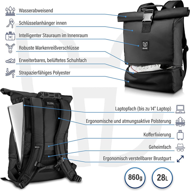 HEAVER® Rucksack Rolltop schwarz mit Schuh- und Laptopfach, für Damen und Herren, Flexibles Volumen