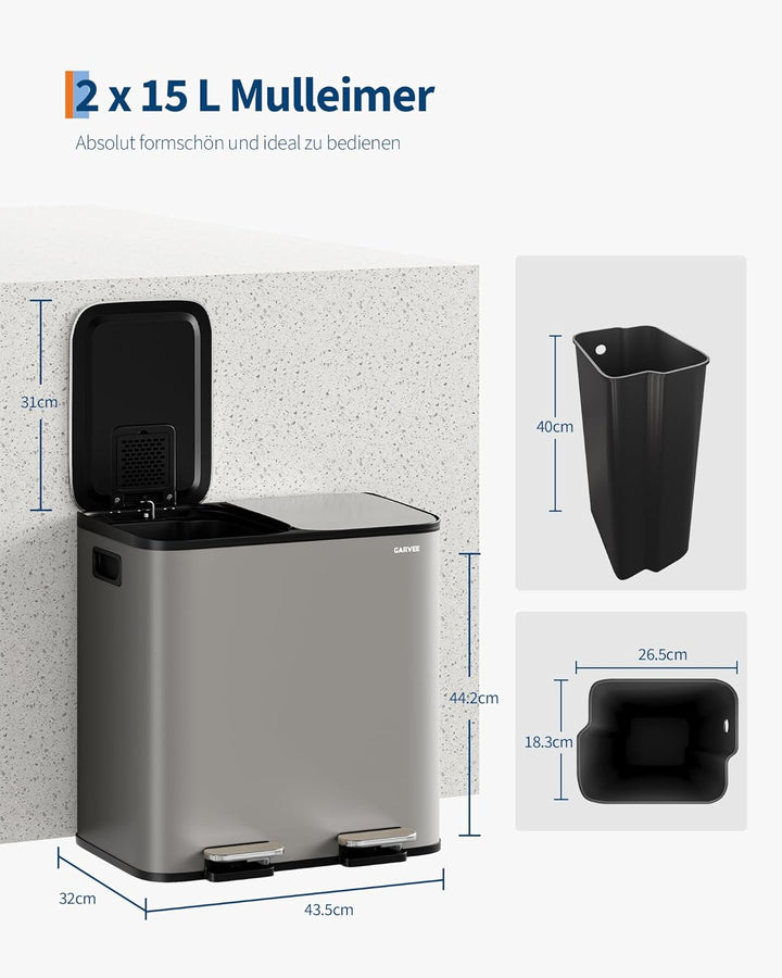 GarveeHome Mülleimer 2 Fächer 30 L, Mülltrennsystem mit 2 x 15 L Deckel aus Edelstahl, Treteimer Küc