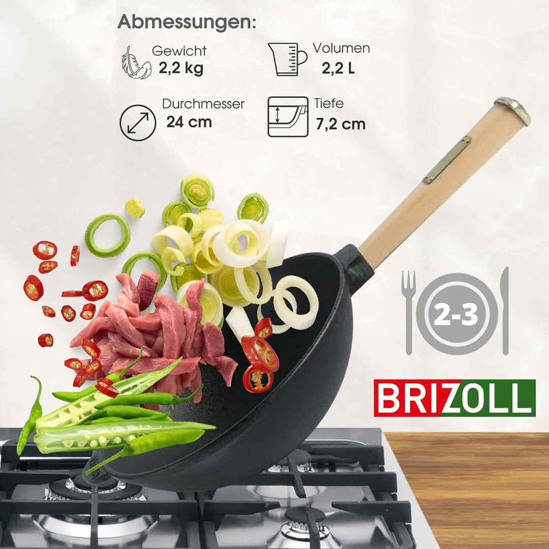 4BIG.fun Wok Bratpfanne Ø24 cm 2,2 L aus Gusseisen mit Holzgriff Glasdeckel Asia Wokpfanne Induktion