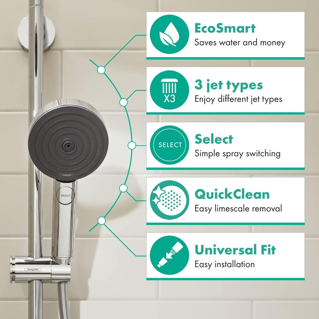 hansgrohe wassersparender Duschkopf Pulsify Select S, Sparduschkopf, Duschbrause, 3 Strahlarten Acti