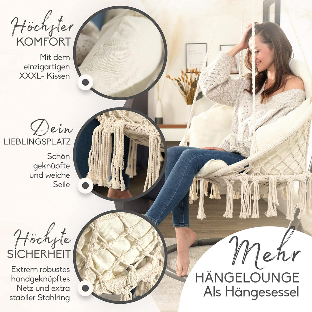 BELLAMATILDA® Hängesessel mit XXXL Kissen 100% Baumwolle | Weicher Hängestuhl Outdoor &amp; Indoor | Hän
