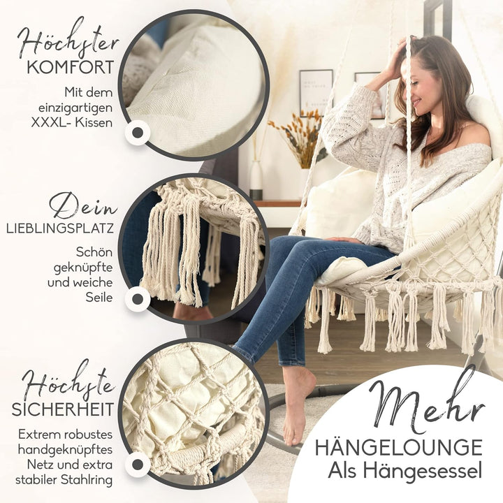 BELLAMATILDA® Hängesessel mit XXXL Kissen 100% Baumwolle | Weicher Hängestuhl Outdoor &amp; Indoor | Hän