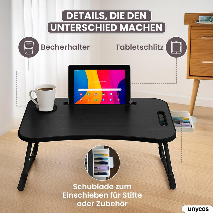 unycos - Klappbarer Laptoptisch, Betttablett, Leseständer, Computertisch, Frühstückstablett, Beistel