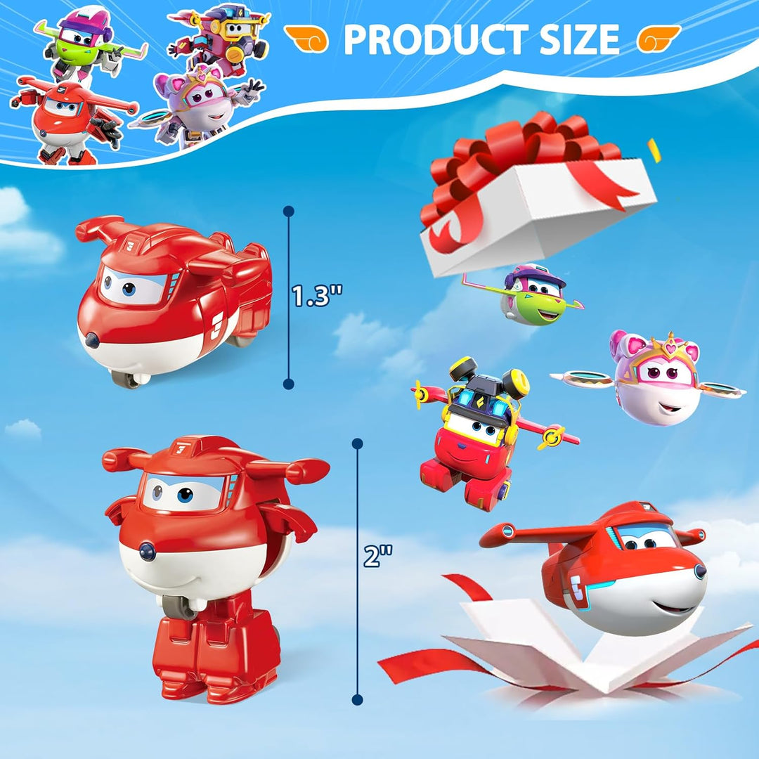 Super Wings 2 inch Verwandlungsspielzeug 4er Pack, Jett, Curie, Runi und Sara, Flugzeug Spielzeug Fa