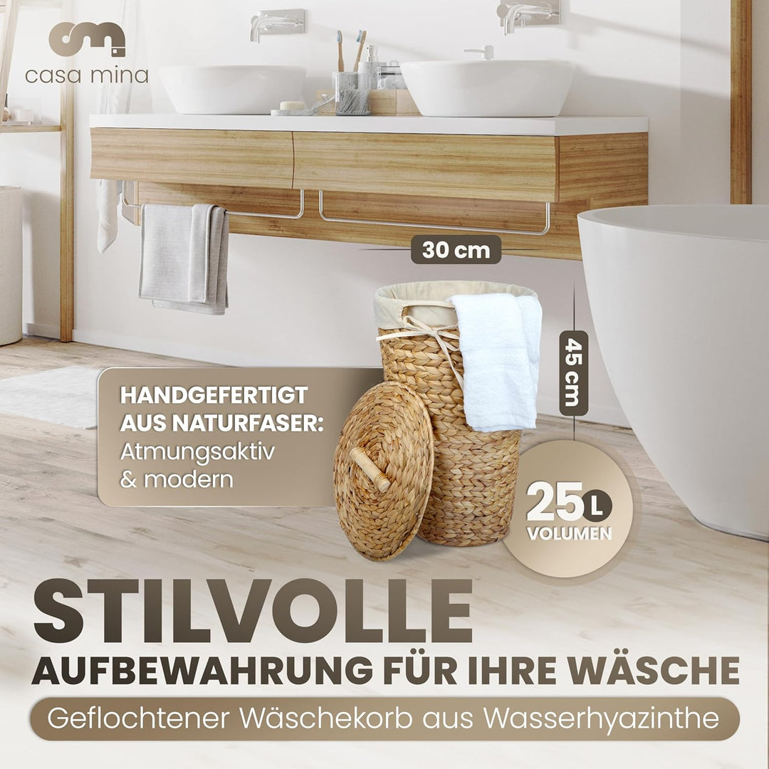 Casa Mina® Wäschekorb mit Deckel D30 x H44cm hoch I Atmungsaktiver Wäschekorb geflochten aus 100% Na