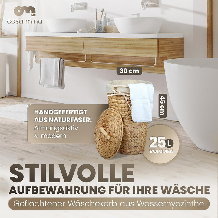 Casa Mina® Wäschekorb mit Deckel D30 x H44cm hoch I Atmungsaktiver Wäschekorb geflochten aus 100% Na