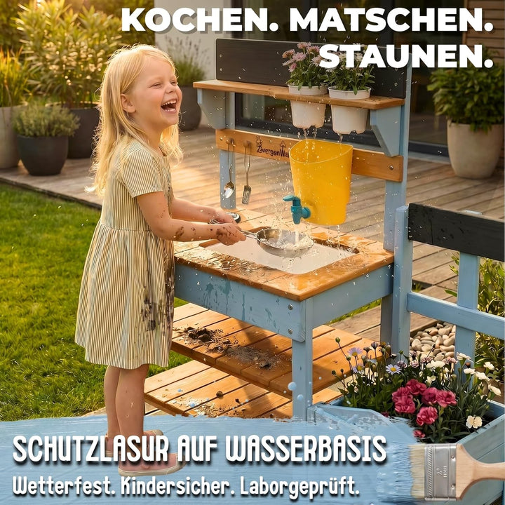 Matschküche Kinder Outdoor mit Wassertank & Spülbecken, mit Pflanzkasten, Mud Kitchen Holz, Spielküc