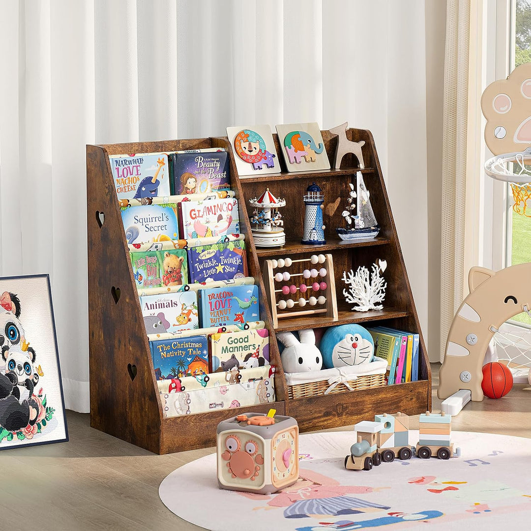 Kinder Bücherregal mit 5 Bücherdisplays und 4 Ablagefächer, Gross Braun Kinderregal Büchergestell fü