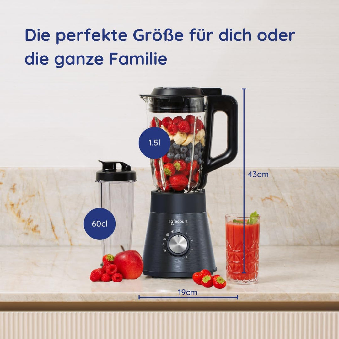Safecourt standmixer – Kraftvoller Smoothie Maker, Blender & Mixer [1300W & 1,5L Glasbehälter] – für