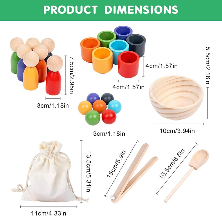 Montessori Holz Sortier Set,7 Regenbogen Bälle 30mm + 7 Tassen,Sensorisches Lernmaterial für Farbe S