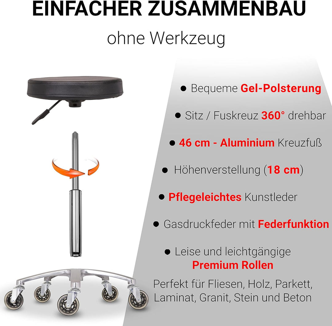 Staboos Rollhocker bis 160 kg - Gel-Polster Sitz rund - Praxishocker (Premium Rollen) Drehhocker höh