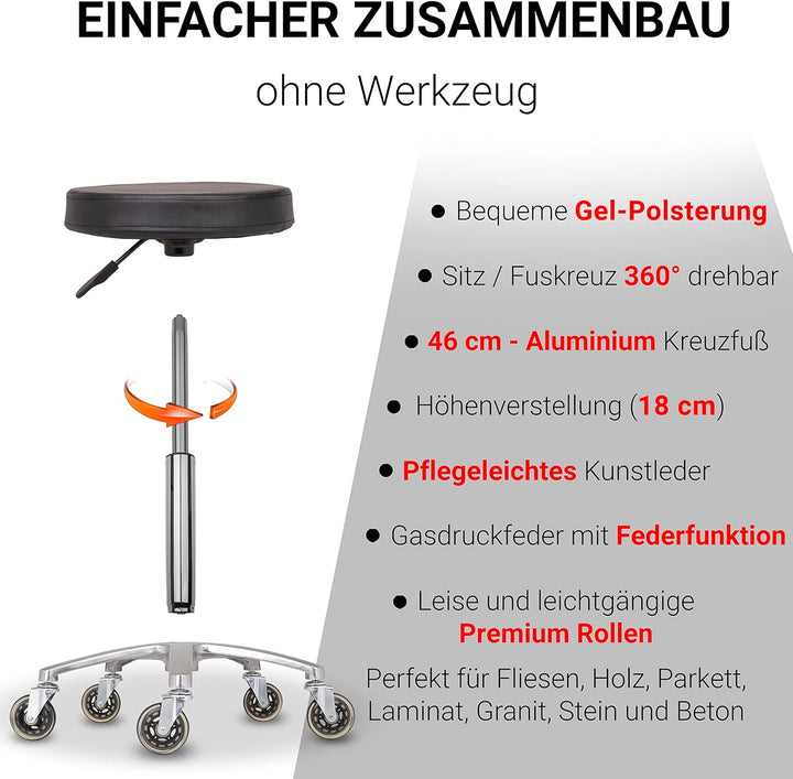 Staboos Rollhocker bis 160 kg - Gel-Polster Sitz rund - Praxishocker (Premium Rollen) Drehhocker höh