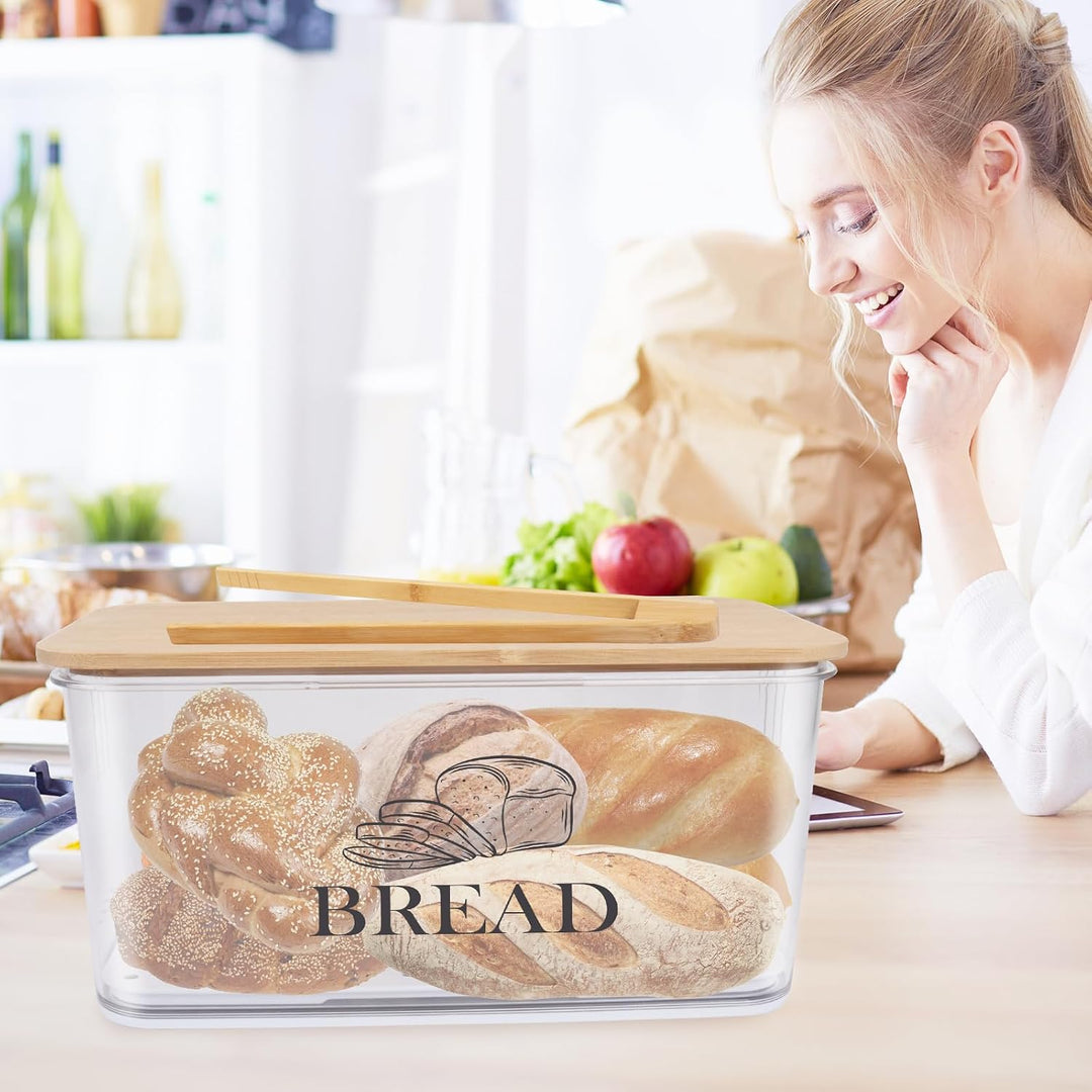 Brotbox Acryl 32 cm, Brotkasten mit Bambusdeckel für Küche Brot | Transparente Brotaufbewahrungsbox