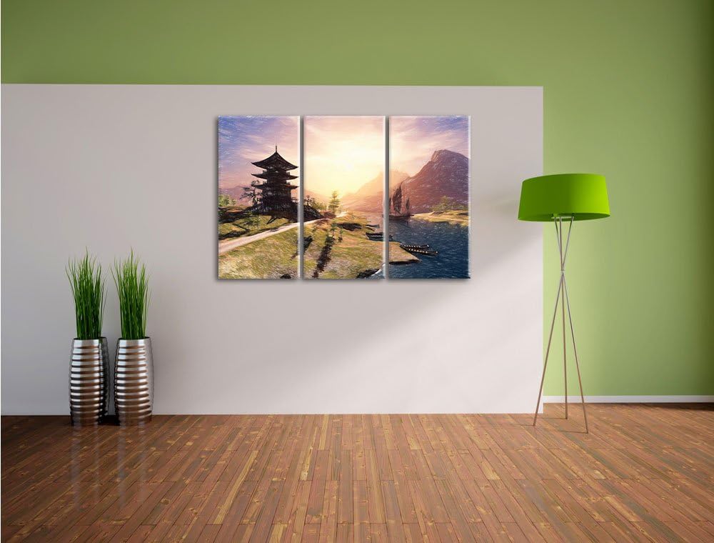 Pixxprint beeindruckender asiatischer Tempel an Fluss Kunst Buntstift Effekt 3-Teiler Leinwandbild 1